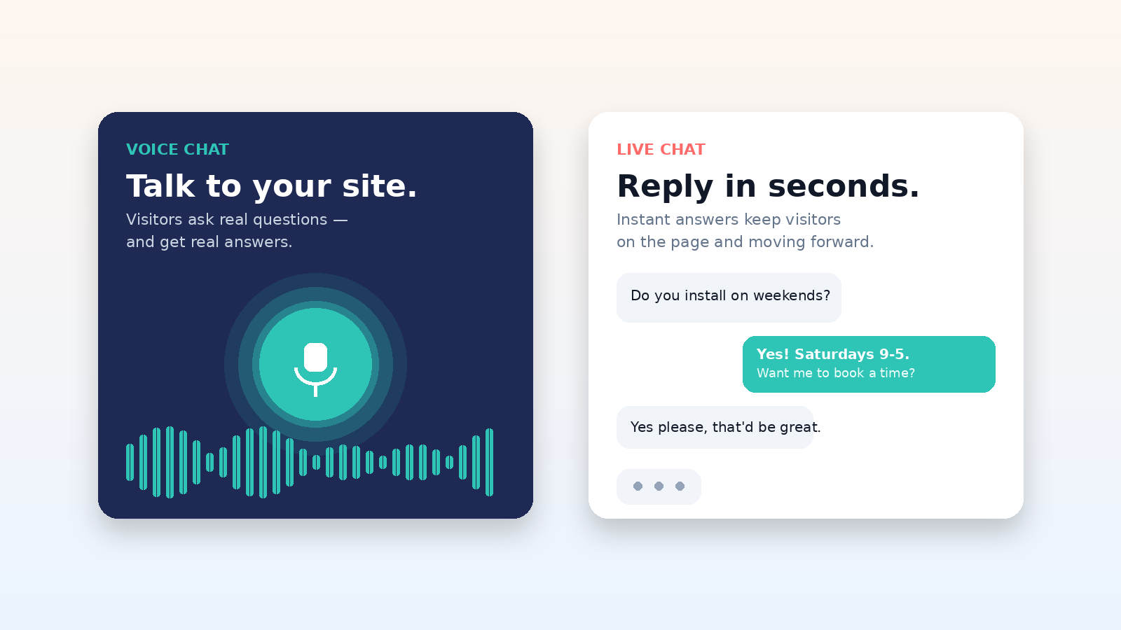 Voice chat panel with microphone and waveform next to a live text chat conversation — two ways visitors can ask questions