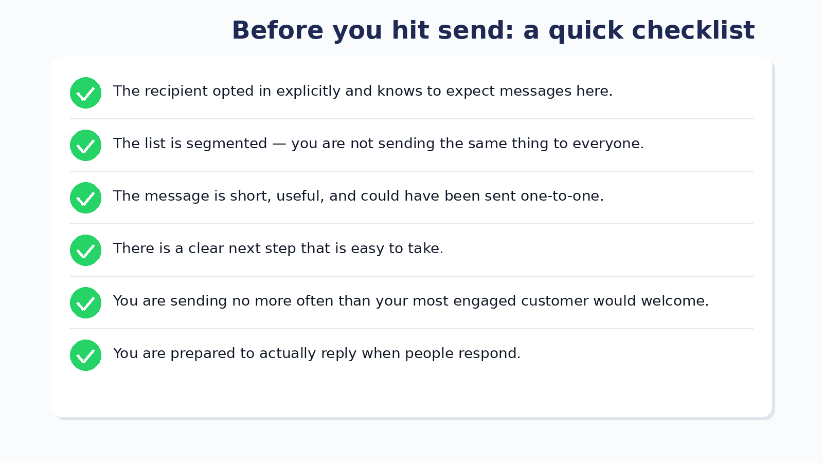 Six-point pre-send checklist for WhatsApp broadcasts covering opt-in, segmentation, message quality, clear CTA, send frequency, and replying